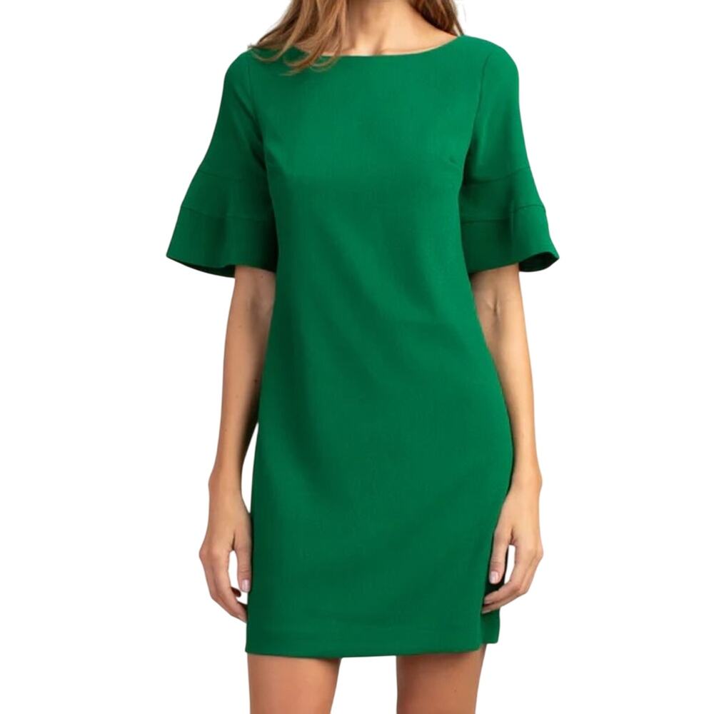 Trina Turk Emerald Green Two Bell Sleeve Sheath Dress, Gold Zipper, Size 0 NWOT
